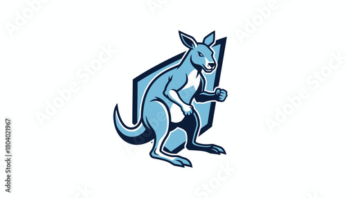 Illustration of a light blue kangaroo in front of a shield.
