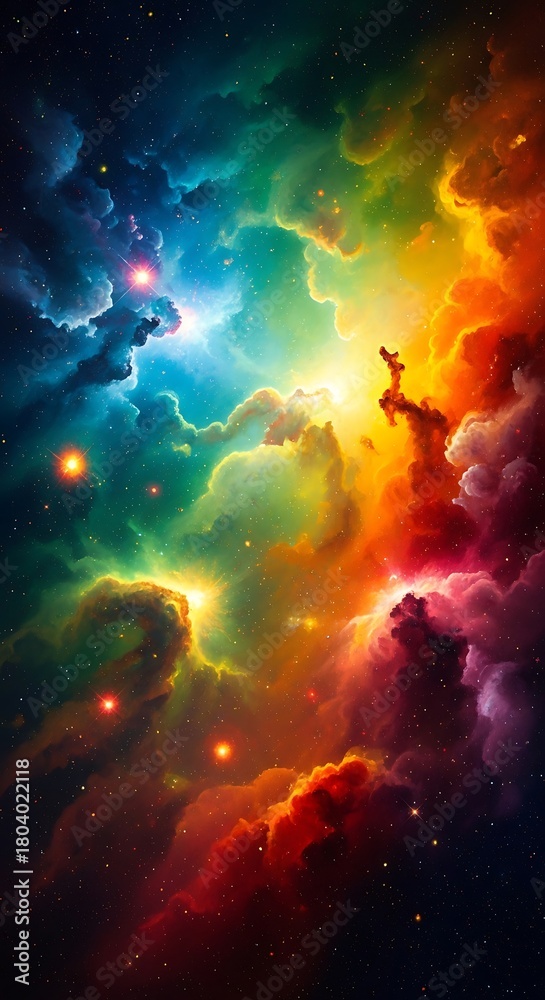Fototapeta premium Vibrant Cosmic Nebula with Rainbow Hues and Sparkling Stars in Deep Space.
