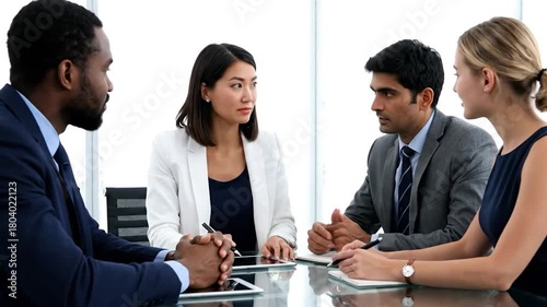 A diverse team is engaged in a business meeting, seated around a table discussing plans and ideas