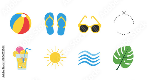 A collection of colorful summer and beach-themed icons including a beach ball, flip-flops, sunglasses, a drink, sun, waves, and a tropical leaf.
