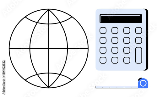 Globe grid, calculator, and tape measure inspire themes of global metrics, accuracy, calculation, and education. Ideal for measurements, analytics, teaching engineering research and simplified