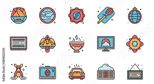 A diverse collection of fifteen colorful flat design icons, featuring objects like food, animals, technology, and abstract symbols.