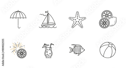 Hand-drawn summer and beach vacation themed icons including umbrella, sailboat, starfish, citrus fruits, cocktail, fish, and beach ball.