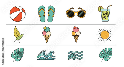 A collection of colorful summer and beach-themed icons including a beach ball, flip-flops, sunglasses, drinks, ice cream, sun, leaves, and waves.
