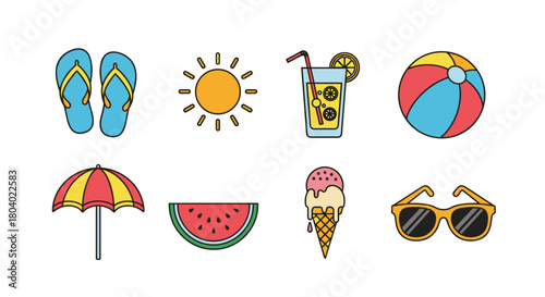 A collection of colorful summer vacation and beach-themed icons including flip-flops, sun, lemonade, beach ball, umbrella, watermelon, ice cream, and sunglasses.