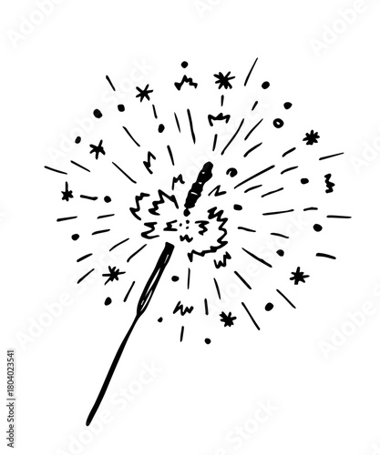 Hand drawn vector illustration with black outline. New Year's fireworks, sparklers, glowing lights, hanabi, Bengal fire. ink sketch.
