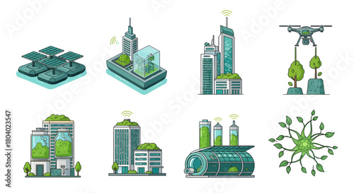 Sustainable City Icons Green Buildings, Eco-Friendly Urban Design, Renewable Energy