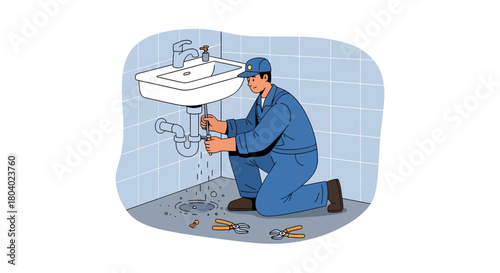 Plumber Fixing Leaking Sink, Plumbing Repair, Home Maintenance Illustration