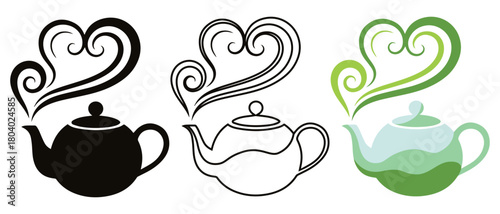 Сollection of icons of chubby teapots in silhouette, linear and colored versions