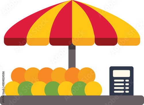 Colorful striped umbrella shading fresh fruit on display at a market stall with a cash register for processing sales