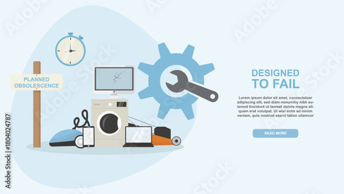 Designed to Fail Concept with Planned Obsolescence and Broken Devices. Damaged home electronics concept for consumer awareness and sustainability. Obsolescence concept.Flat style. Vector illustration