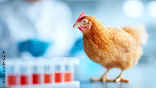 A chicken stands curious on a workbench in a laboratory while a researcher observes. The bright environment highlights the interaction between animal behavior and scientific inquiry