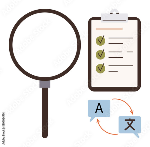 Magnifying glass, checklist with green checkmarks, and language translation bubbles. Ideal for research, accuracy, review, quality control, learning, interpretation multilingual contexts simple