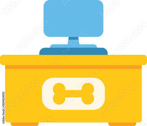 Veterinary clinic desk featuring a computer and a bone symbol, ideal for projects related to pet care, animal health, and veterinary services