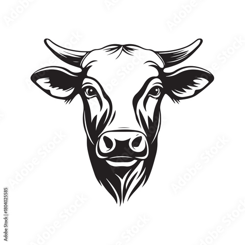 cow head in silhouette, Detailed black and white sketch of a cow head in silhouette style,  cow head with horns and expressive eyes silhouette vector