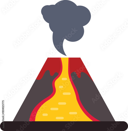 Volcano erupting with smoke and lava flowing downhill, in simple flat design style