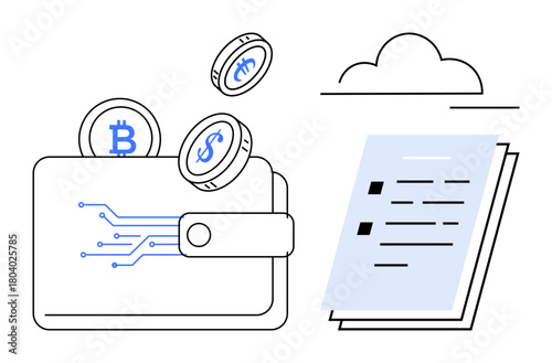 Digital wallet with cryptocurrency coins, cloud storage sign, and checklist document. Ideal for blockchain, cryptocurrency, fintech, finance, cloud storage security and modern business. Simple flat