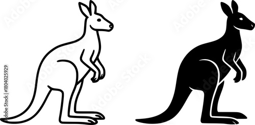 Kangaroo illustration, black and white, outline and silhouette versions