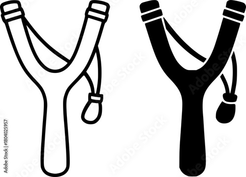 Slingshot / catapult illustration, black and white, outline and silhouette versions