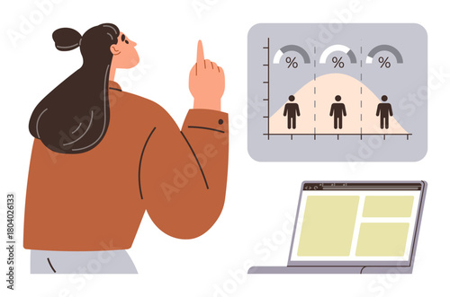 Woman pointing at statistical chart with distribution curve and percentage symbols. Nearby, an open laptop suggests data analysis and reporting. Ideal for research, education, presentations