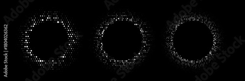 Halftone circle patterns with random dot distribution. Circular frames made of gradient dots with varying sizes and opacity on black background. Minimalist vector illustration.