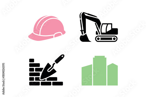 Construction industry icons including hard hat, excavator, bricklaying, and buildings.