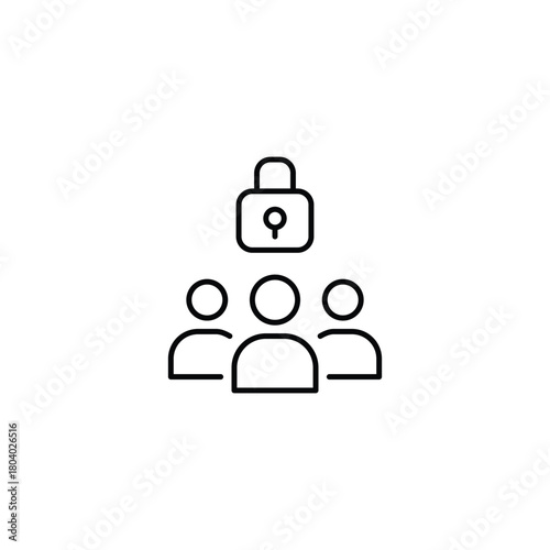 Three people and lock. Trusted interactions, safe user community. Pixel perfect, editable stroke vector icon