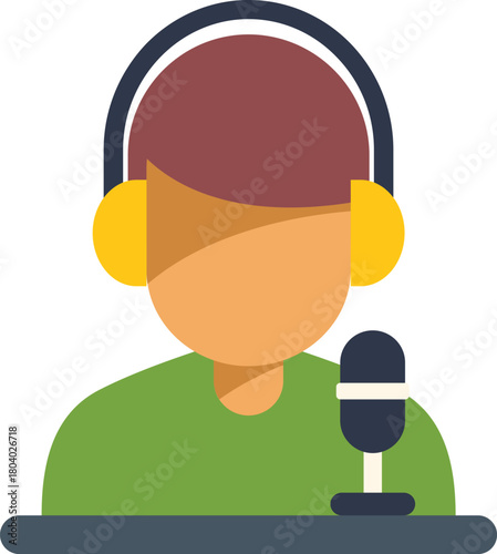 Radio host speaking into a microphone and wearing headphones while recording a podcast or interviewing a guest