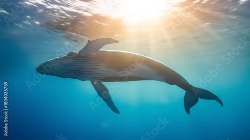 Swimming Humpback Whale in Ocean Sunlight Underwater View