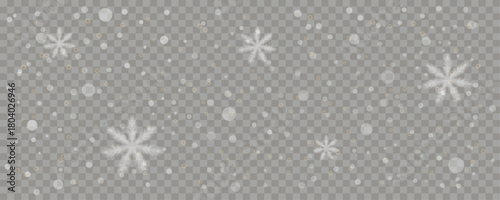 Realistic snowfall and soft snowflake overlay on a transparent background. Winter weather and festive holiday effect template. Editable vector illustration.