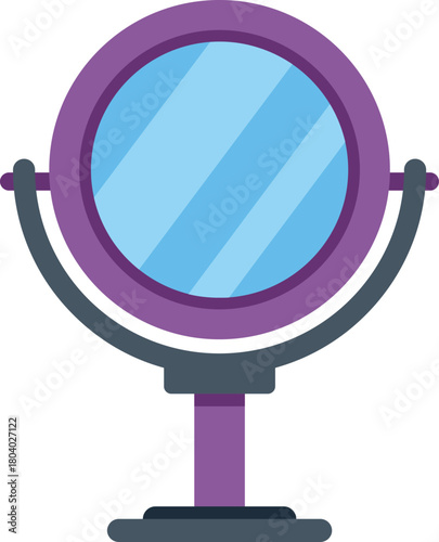 Purple round makeup mirror standing on a support, reflecting light blue, isolated on white background