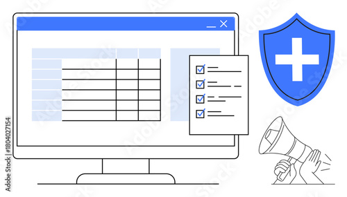 Computer screen displaying data table and checklist, shield with cross icon, megaphone for communication. Ideal for security, organization, healthcare, alerts, productivity, compliance simplicity