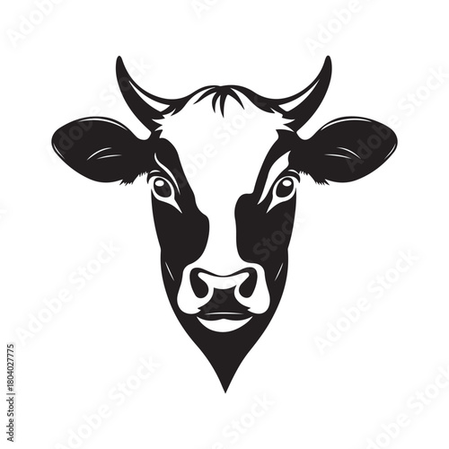 cow head in silhouette, Detailed black and white sketch of a cow head in silhouette style,  cow head with horns and expressive eyes silhouette vector