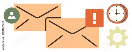Two envelopes symbolizing emails, a user profile, clock for time management, exclamation for alerts, and gear for settings. Ideal for communication, organization, productivity, email interaction