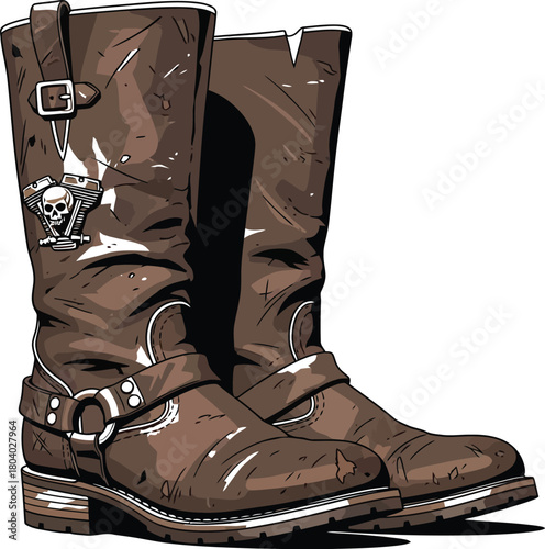 Pair of worn brown leather motorcycle boots with skull emblem on a plain background