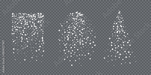 White glitter dust particles in vertical shapes on transparent. Falling light dots forming square, oval, cone silhouettes. Winter snowfall, holiday magic, sparkle effect. Vector illustrations set.