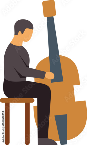 Musician playing double bass sitting on stool, side view simple illustration