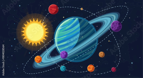 Colorful cartoon illustration of a solar system with a sun, a large ringed planet, and several smaller planets orbiting in space.
