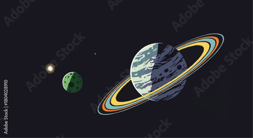 Stylized illustration of a ringed gas giant planet with a moon and a distant star in deep space.