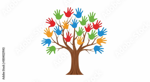 A vibrant tree with a brown trunk and branches, adorned with numerous colorful handprints in red, green, blue, and orange, symbolizing community and diversity.