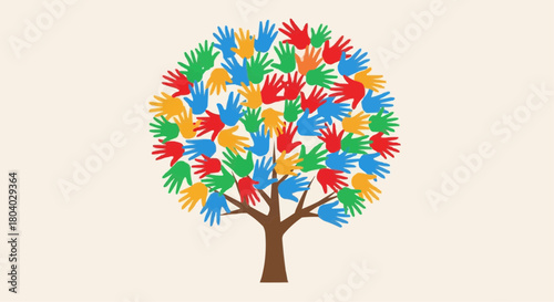 A tree with a brown trunk and a canopy made of many colorful handprints, symbolizing diversity and community.