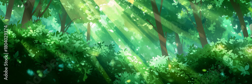 緑豊かな森に差し込む木漏れ日の光景