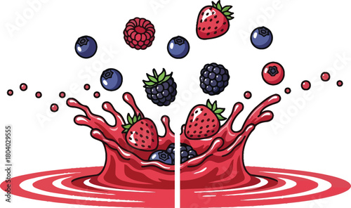 Fresh mixed berries splashing into juice creating a vibrant and healthy image