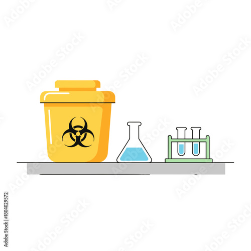 Biohazard container and laboratory glassware on a lab bench  