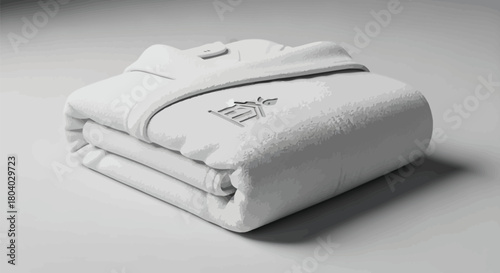 Folded white bathrobe with embroidered logo on a neutral background studio shot