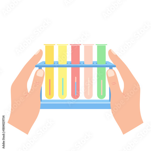 Hands holding test tube rack with colorful samples in laboratory  
