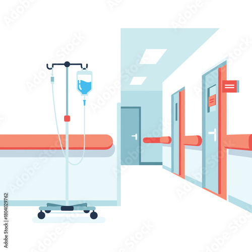 Hospital hallway with IV stand and empty patient bed in modern style  