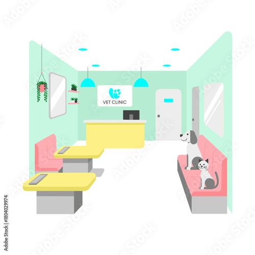Interior of a modern vet clinic with calm colors and seating area  