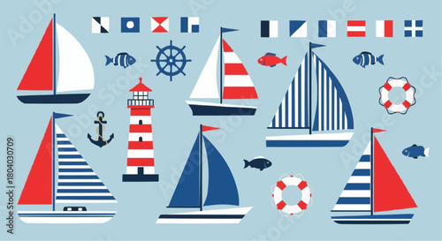 Nautical themed illustration with sailboats, lighthouse, and marine elements.