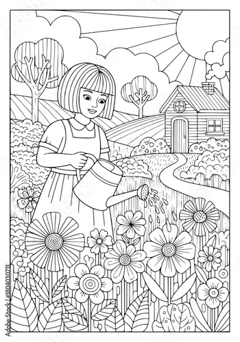 A girl in the garden is watering flowers. coloring book